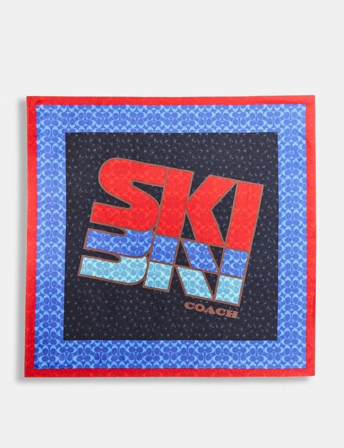 Coach Ski Graphic Signature Print Silk Square Scarf Blue/Red Translations 12.1 Retail translations  