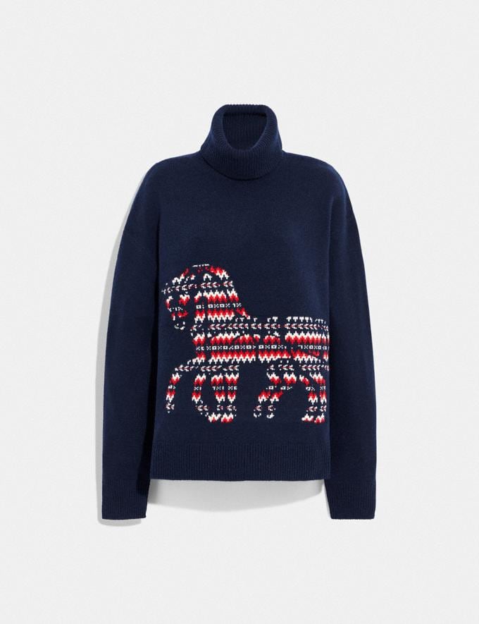 Coach Horse and Carriage Intarsia Turtleneck Sweater in Recycled Wool and Cashmere Navy DEFAULT_CATEGORY  