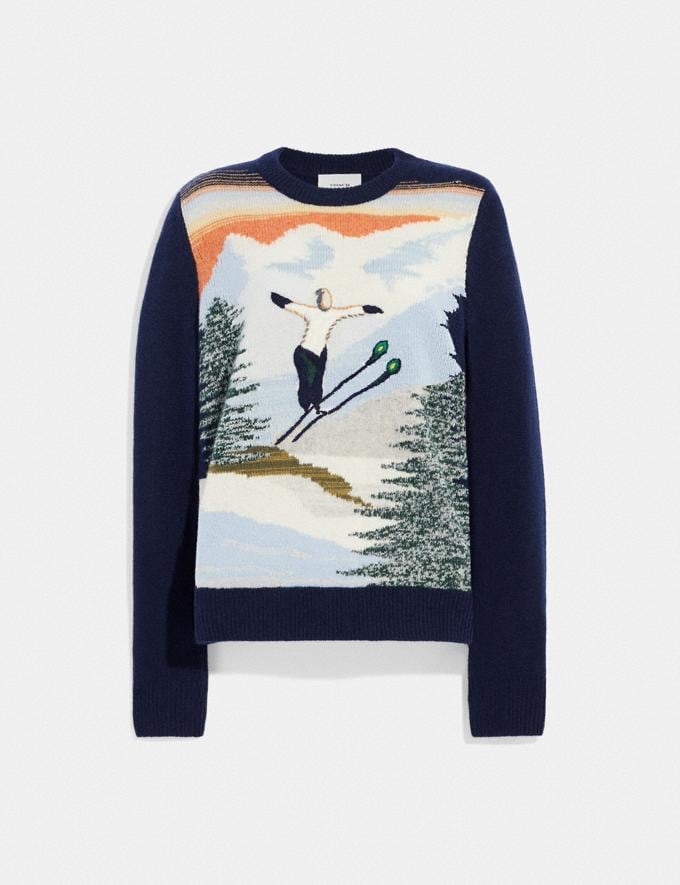 Coach Holiday Intarsia Sweater in Recycled Wool and Cashmere Navy DEFAULT_CATEGORY  