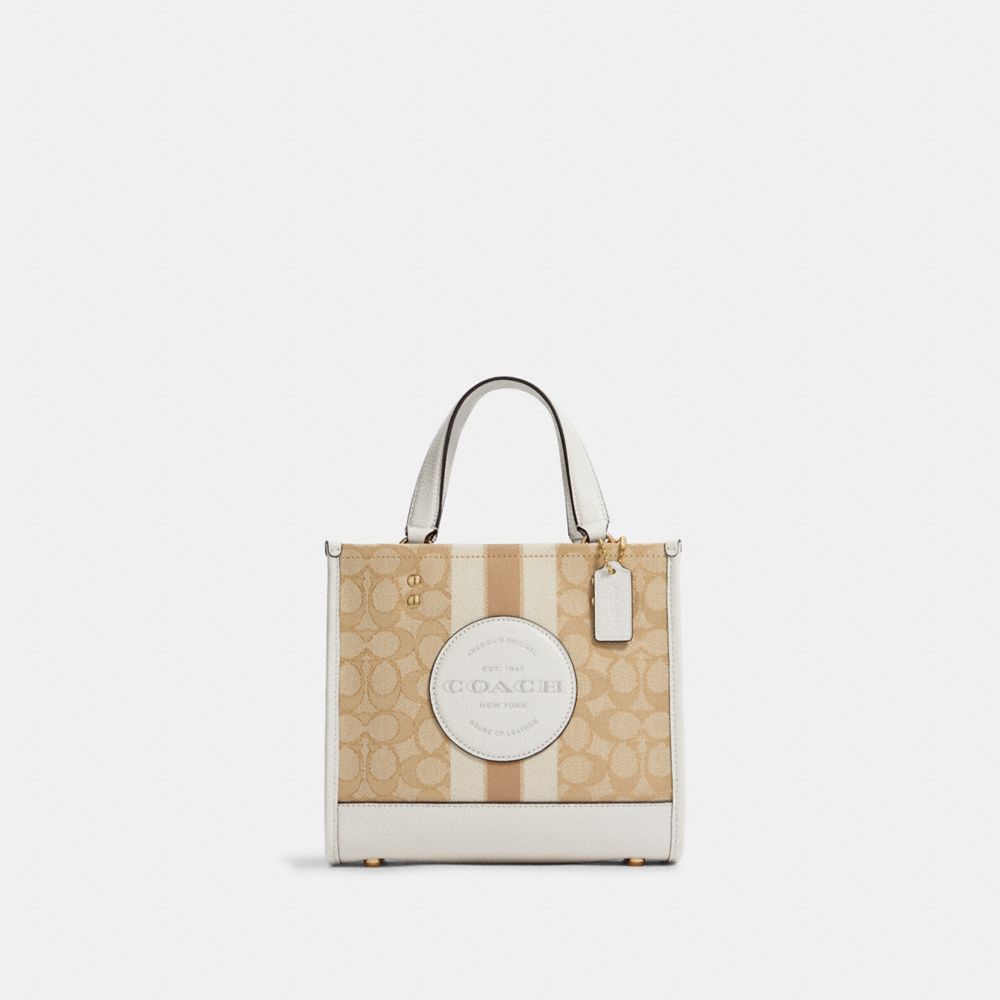 COACH®,DEMPSEY TOTE BAG IN SIGNATURE JACQUARD WITH STRIPE AND COACH PATCH,Non Leather,Medium,Anniversary,Gold/Light Khaki Chalk,Front View