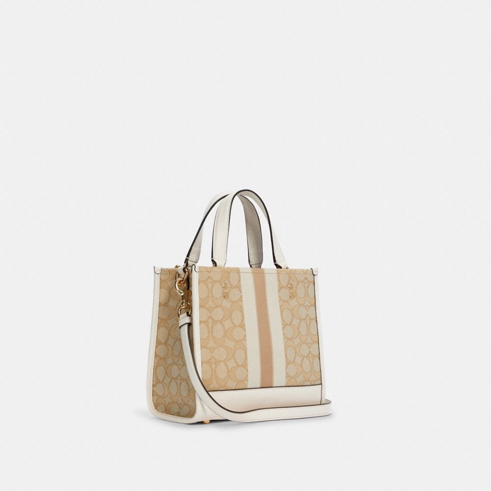 COACH®,DEMPSEY TOTE BAG IN SIGNATURE JACQUARD WITH STRIPE AND COACH PATCH,Non Leather,Medium,Anniversary,Gold/Light Khaki Chalk,Angle View
