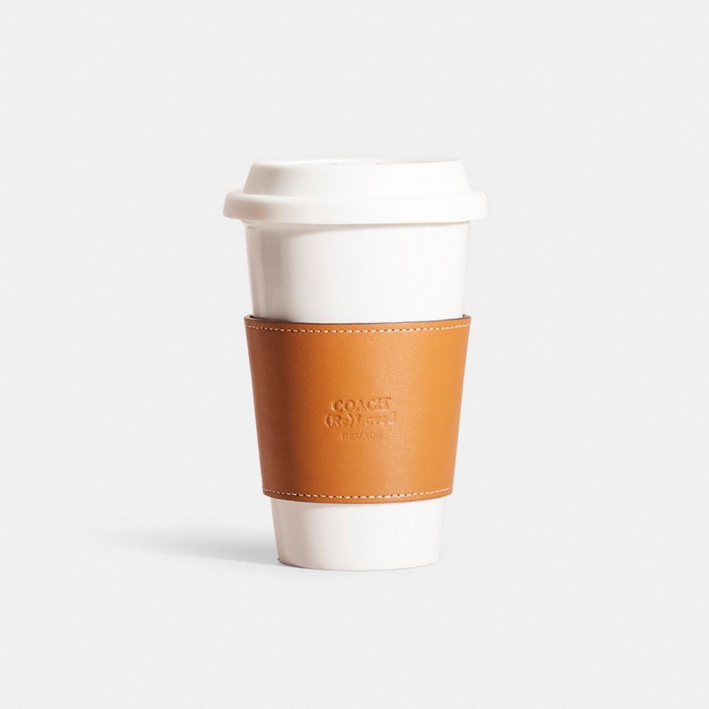 COACH®,Remade Cup Sleeve,Leather,Drink Sleeve,Leather,Reusable,Brown,Front View