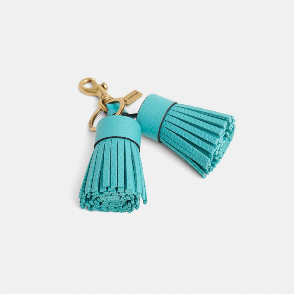 COACH®,Remade Tassel Bag Charm,Leather,Bag Charm,Logo,Tassel,Cocktail,Turquoise,Front View