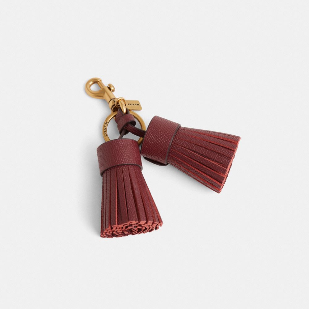 COACH®,Remade Tassel Bag Charm,Leather,Bag Charm,Logo,Tassel,Cocktail,Maroon,Front View