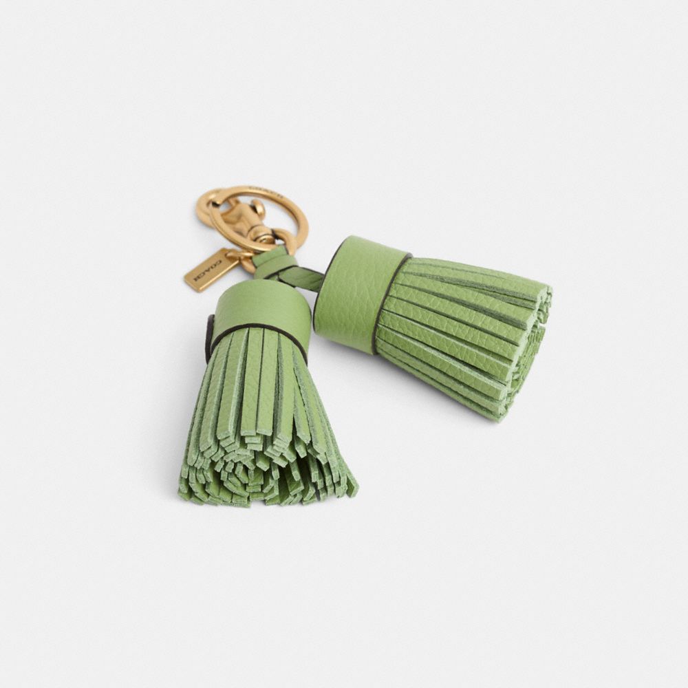 COACH®,Remade Tassel Bag Charm,Leather,Bag Charm,Logo,Tassel,Cocktail,Green,Front View