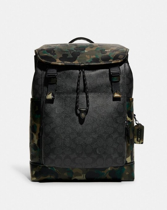LEAGUE FLAP BACKPACK IN SIGNATURE CANVAS WITH CAMO PRINT
