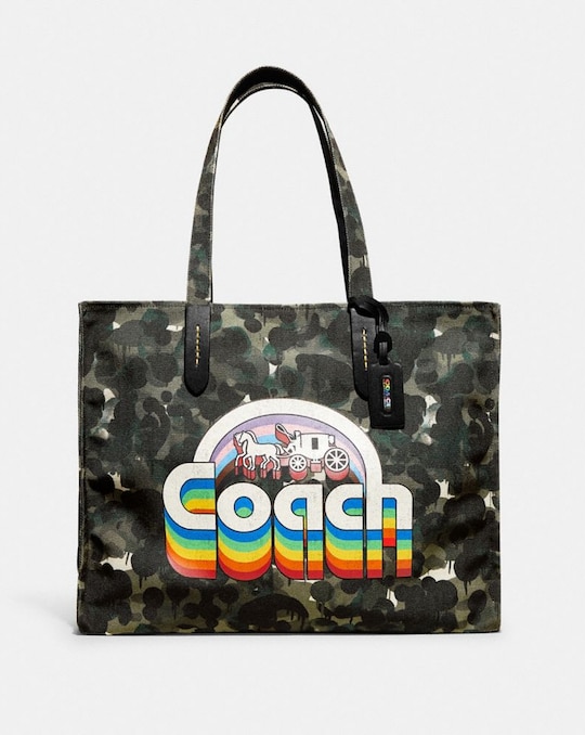 RECYCLED CANVAS TOTE 42 WITH CAMO PRINT AND RAINBOW HORSE AND CARRIAGE