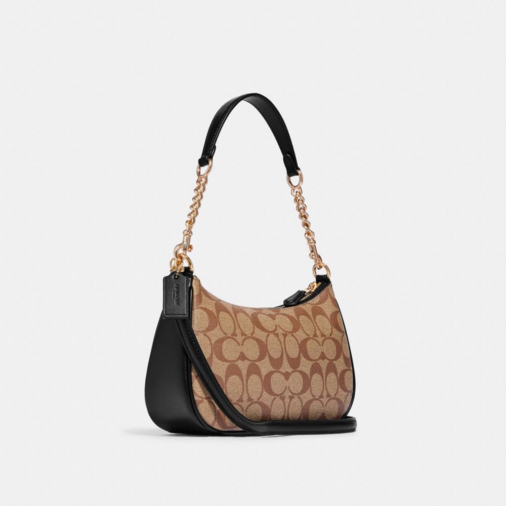 COACH®,TERI SHOULDER BAG IN SIGNATURE CANVAS,Signature Canvas,Anniversary,Gold/Khaki/Black,Angle View