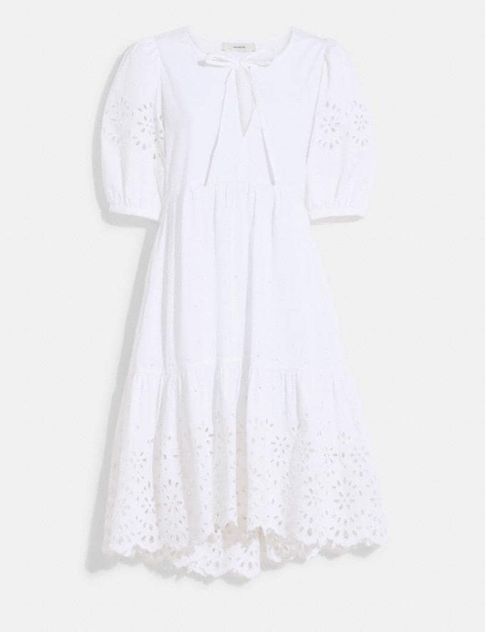 Coach Broderie Anglaise Puff Sleeve Dress in Organic Cotton White.   