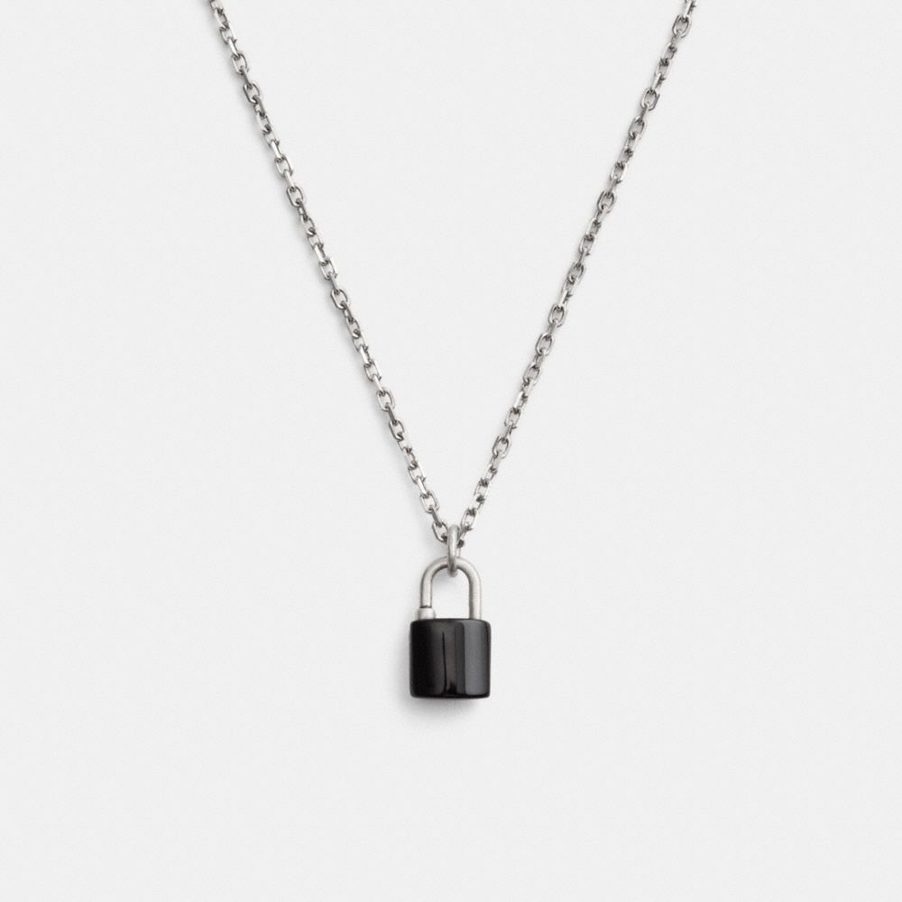 COACH®,Padlock Pendant Necklace,Onyx,3D Embellishment,Novelty Embellishment,Sterling Silver,Casual,Black,Front View