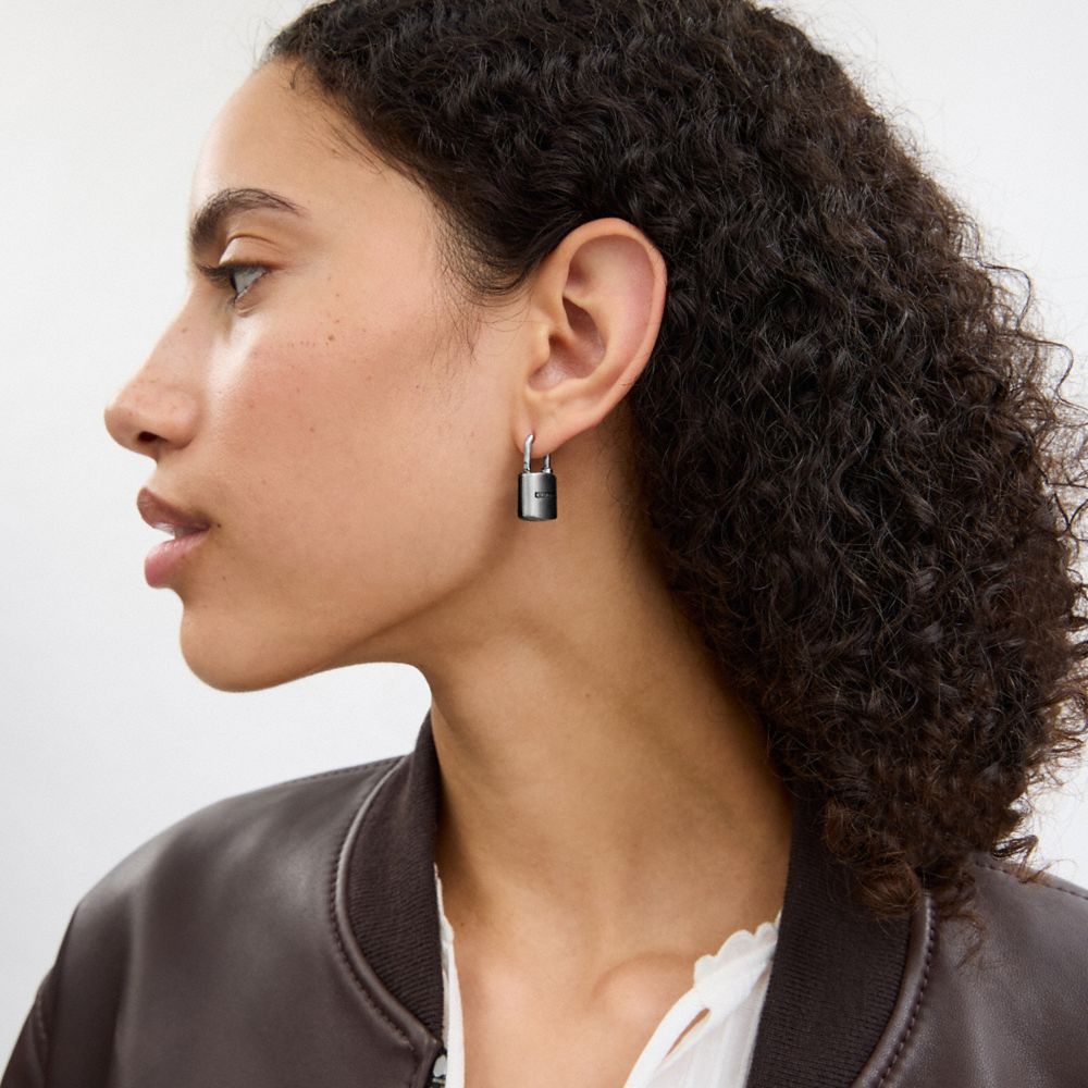 COACH®,Padlock Huggie Earring,Huggies,Onyx,3D Embellishment,Novelty Embellishment,Casual,Black,Detail View