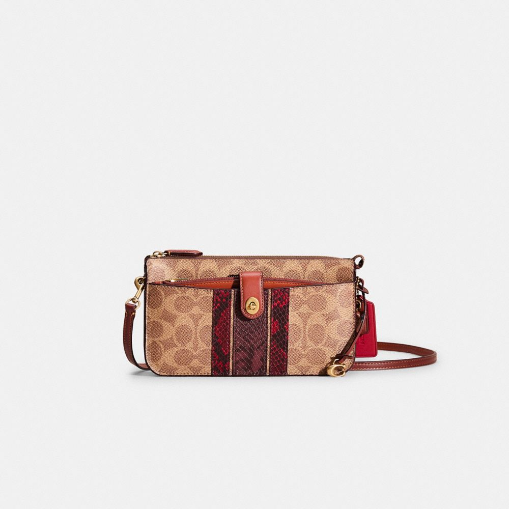 COACH®,Upcrafted Noa Pop Up Messenger In Signature Canvas,Canvas,Leather,Crossbody,Card Case,Animal Skin Embossing,Pattern...,Brown,Front View