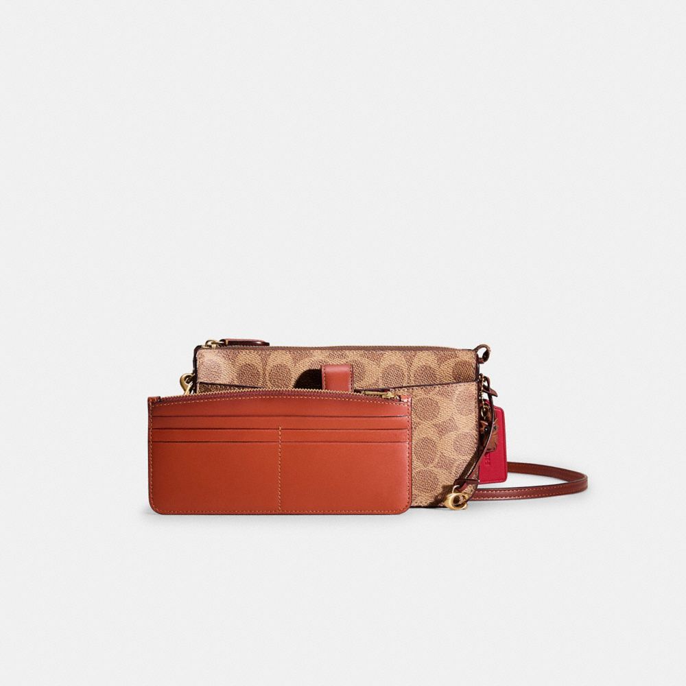 COACH®,Upcrafted Noa Pop Up Messenger In Signature Canvas,Canvas,Leather,Crossbody,Card Case,Animal Skin Embossing,Pattern...,Brown,Angle View