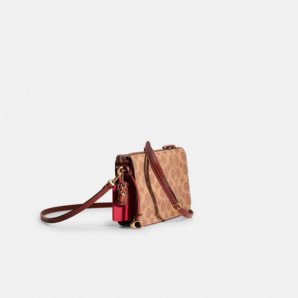 COACH®,Upcrafted Noa Pop Up Messenger In Signature Canvas,Canvas,Leather,Crossbody,Card Case,Animal Skin Embossing,Pattern...,Brown,Angle View