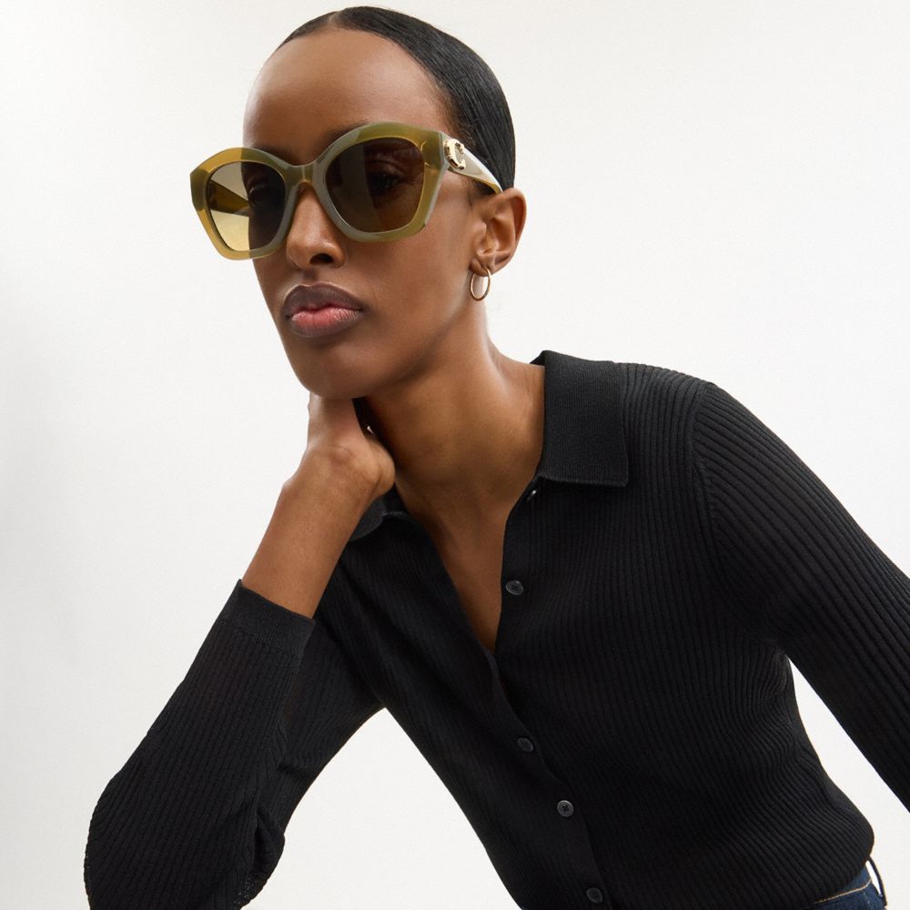 COACH®,Maxi Sculpted C Oversized Geometric Sunglasses,Cat Eye,Plastic,Word Embellishment,Metal,Logo,Integrated Nose Pads,C...,Multi Color,Angle View