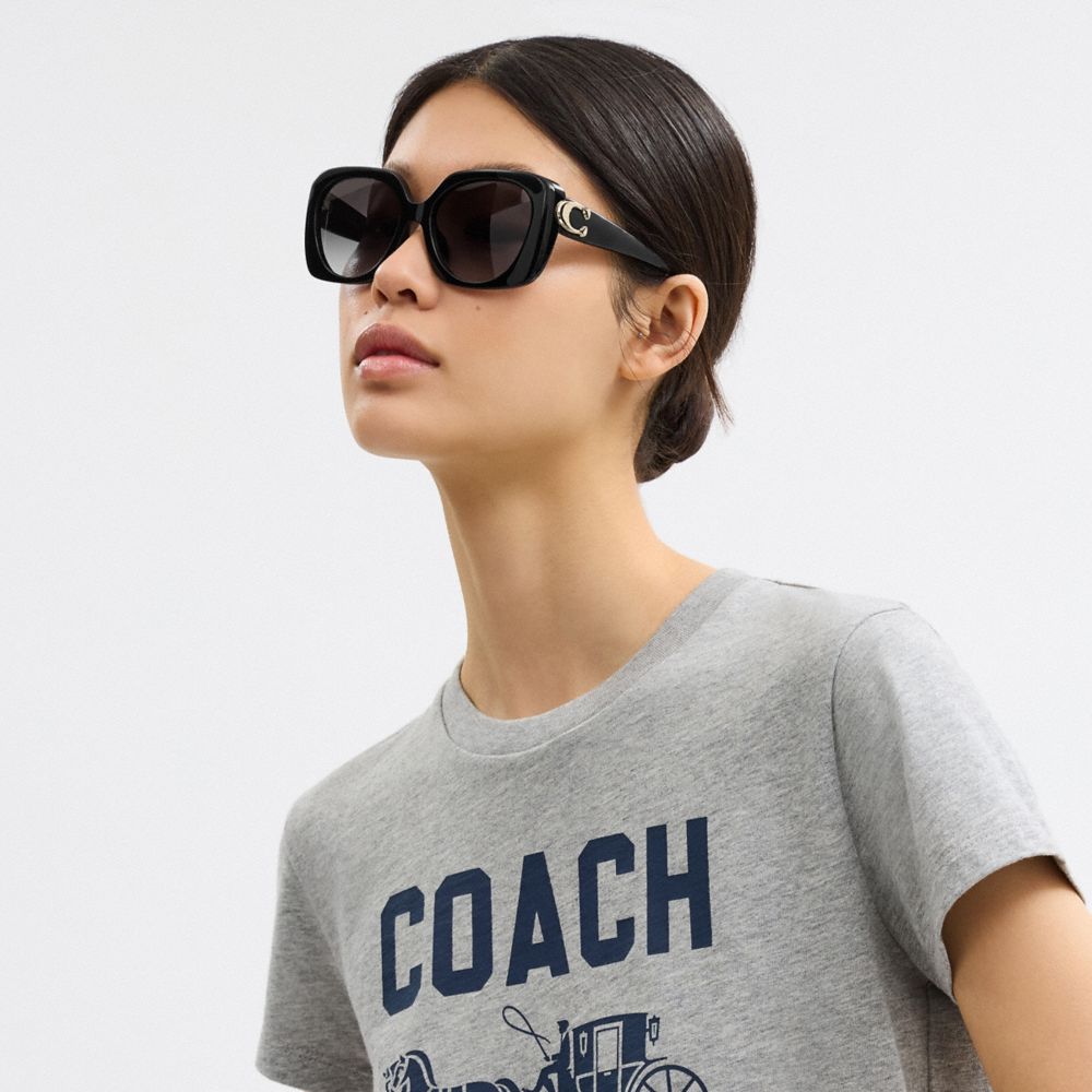 COACH®,Maxi Sculpted C Oversized Square Sunglasses,Sunglass Accessories,Square,Plastic,Metal,Logo,Word Embellishment,Integ...,Black,Angle View