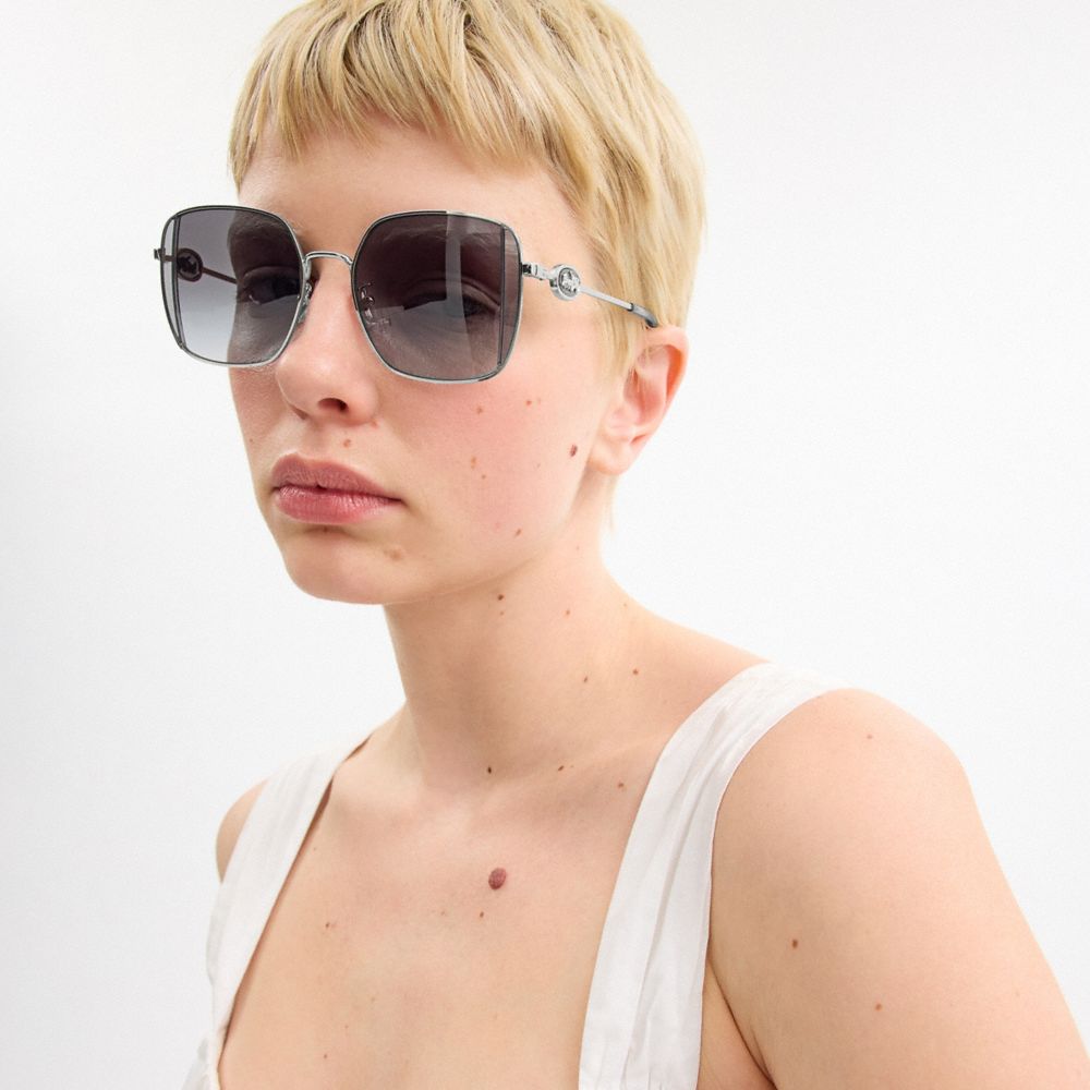 COACH®,Horse And Carriage Metal Oversized Square Sunglasses,,Angle View