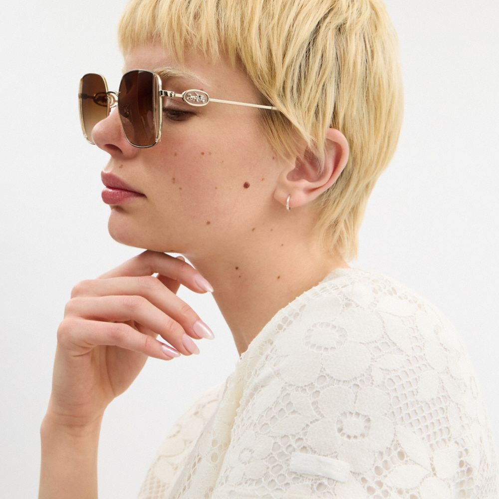 COACH®,Horse And Carriage Metal Oversized Square Sunglasses,,Angle View