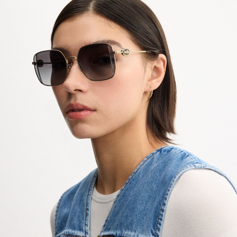 COACH®,Horse And Carriage Metal Oversized Square Sunglasses,,Angle View