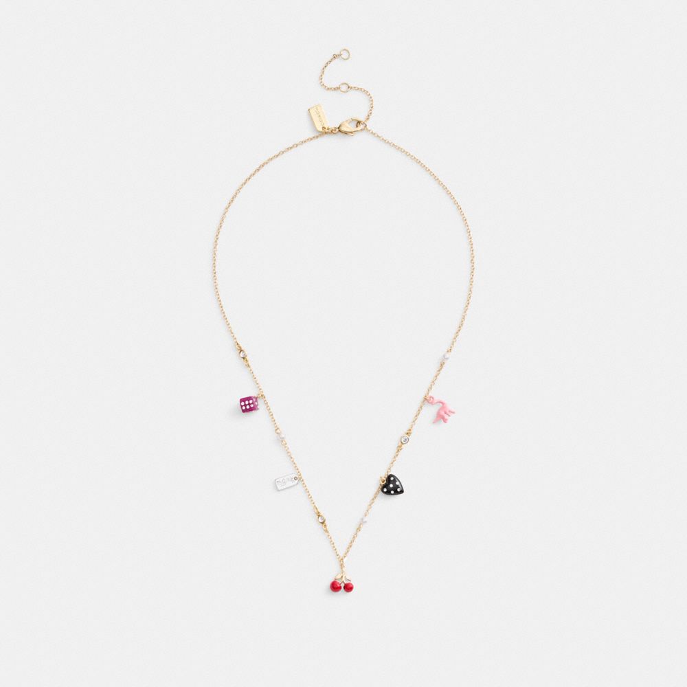 COACH®,Mini Heart And Dice Charm Necklace,Single Strand,Layered,Resin,Glass,Cubic Zirconia,Bar Embellishment,Food Embellis...,Multi Color,Inside View,Top View