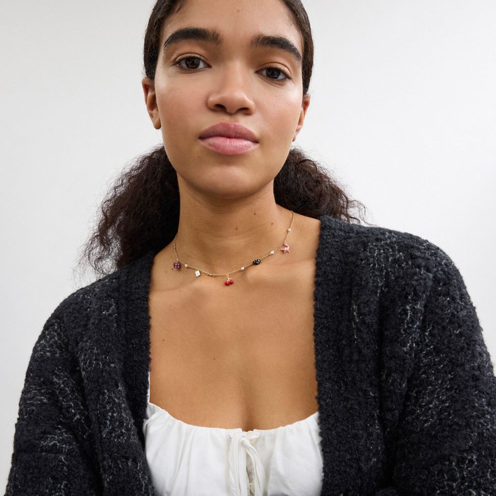 COACH®,Mini Heart And Dice Charm Necklace,Single Strand,Layered,Resin,Glass,Cubic Zirconia,Bar Embellishment,Food Embellis...,Multi Color,Detail View