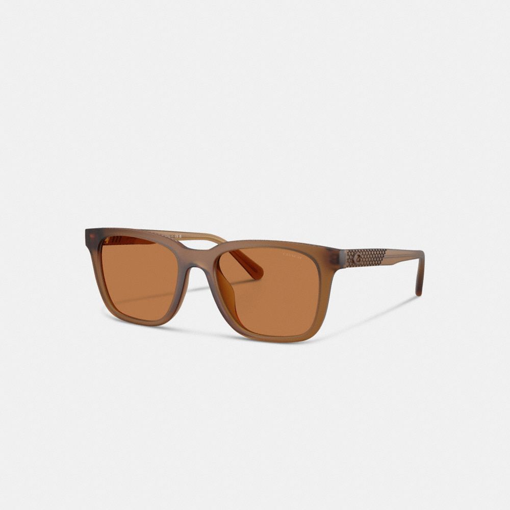 COACH®,C Hardware Textured Temple Square Sunglasses,Wayfarer,Square,Tortoise,Plastic,Logo,Metal,Word Embellishment,Color M...,Brown,Front View