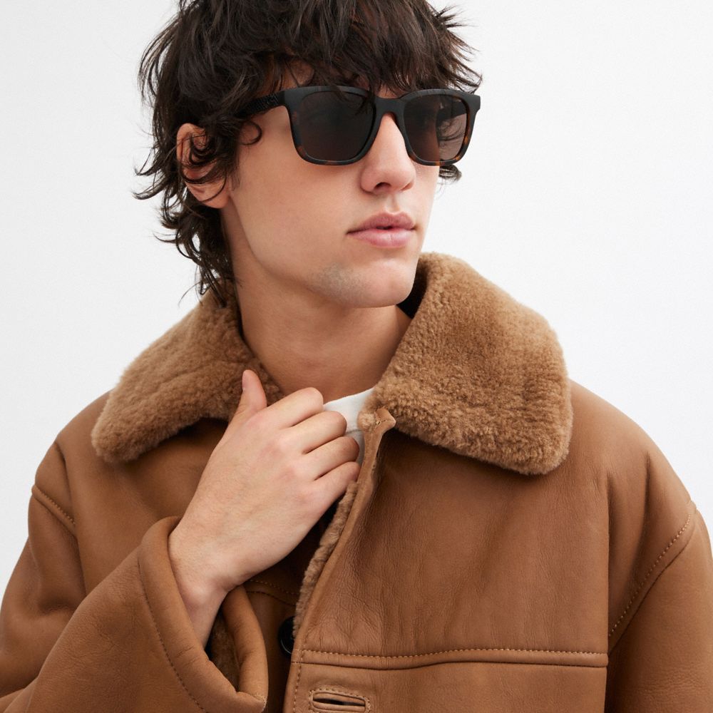 COACH®,C Hardware Textured Temple Square Sunglasses,Wayfarer,Square,Tortoise,Plastic,Logo,Metal,Word Embellishment,Color M...,Brown,Angle View