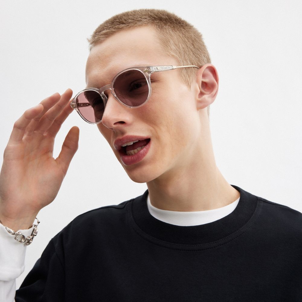 COACH®,Signature Round Sunglasses,Round,Plastic,Word Embellishment,Logo,Casual,Brown,Angle View