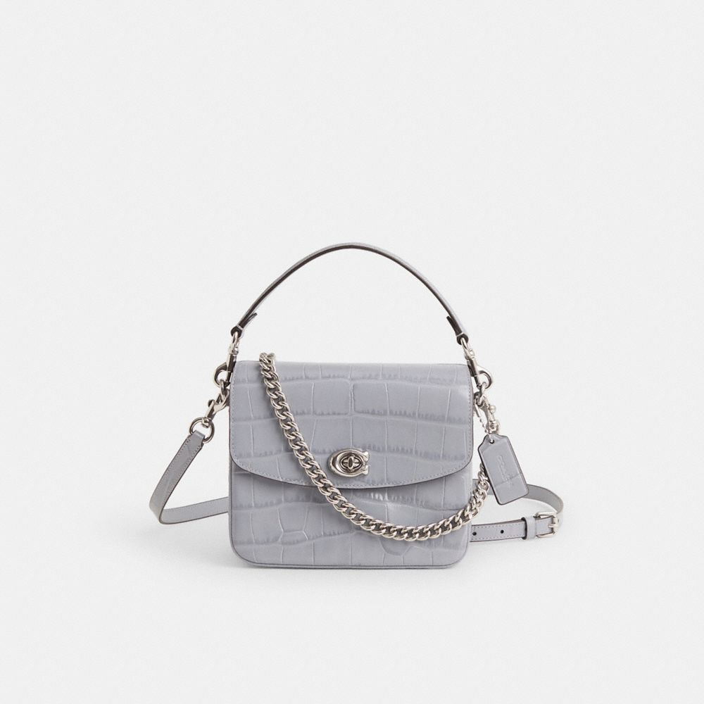 COACH®,Restored Cassie Crossbody Bag 19,Leather,Crossbody,Chain Detail,Logo,Silver Metal,Day Party,Gray,Front View
