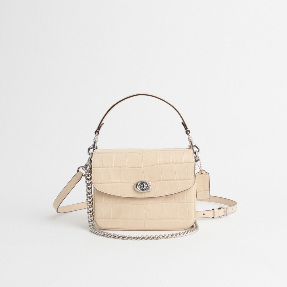 COACH®,Restored Cassie Crossbody Bag 19,Leather,Crossbody,Chain Detail,Logo,Silver Metal,Day Party,Cream,Front View