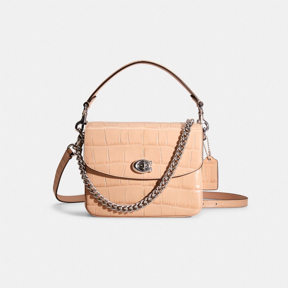 COACH®,Restored Cassie Crossbody Bag 19,Leather,Crossbody,Chain Detail,Logo,Silver Metal,Day Party,Cream,Front View