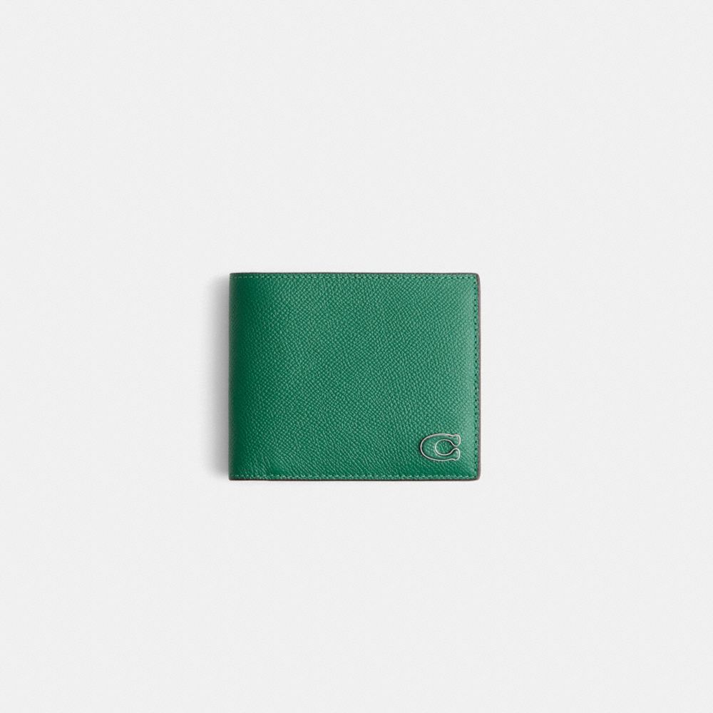 COACH®,Restored 3-In-1 Wallet With Signature Canvas Interior,Bi Fold,Logo,Metal,Casual,Green,Front View
