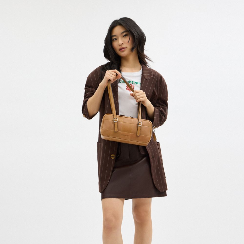 COACH®,Alter/Ego Satchel Bag In Checkerboard Upcrafted Leather,Leather,Shoulder Bag,Logo,Sustainable,Casual,Brown,Detail View