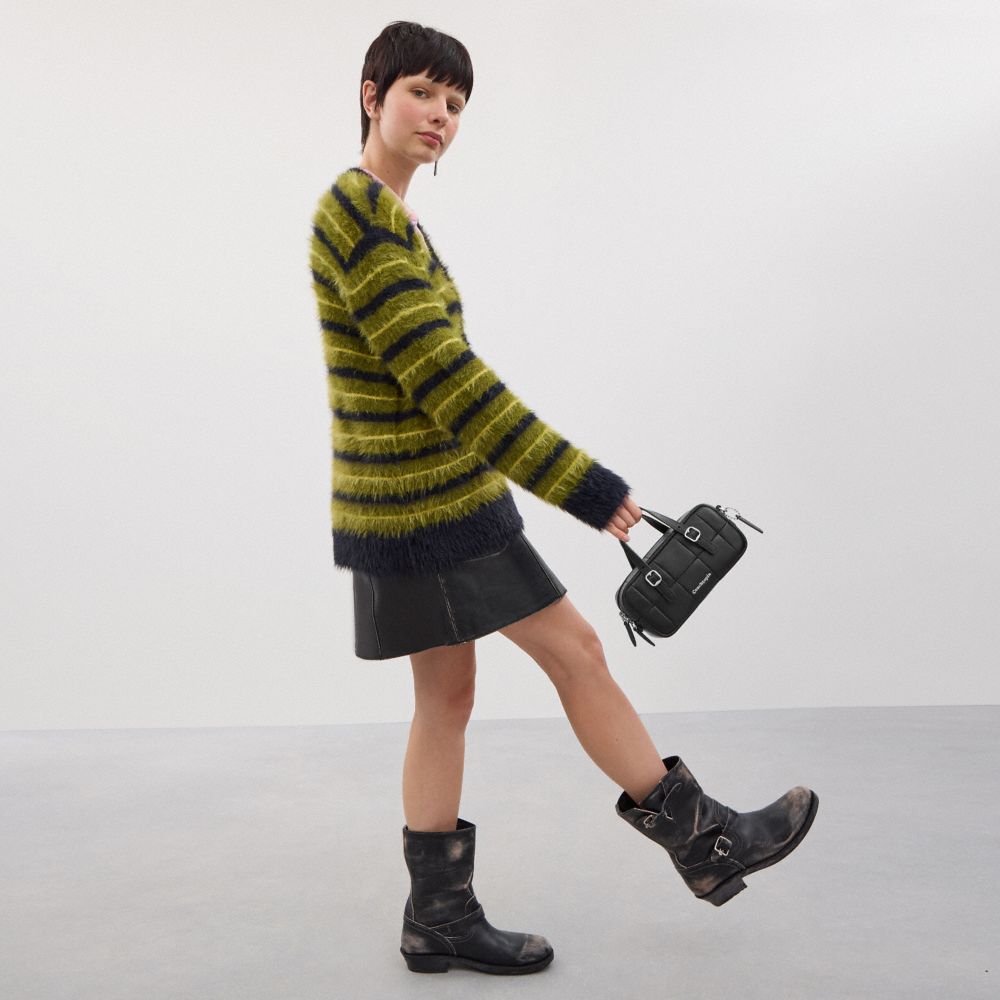 COACH®,Alter/Ego Mini Satchel Bag In Checkerboard Upcrafted Leather With Crossbody Strap,Leather,Crossbody,Logo,Word Embel...,Black,Detail View