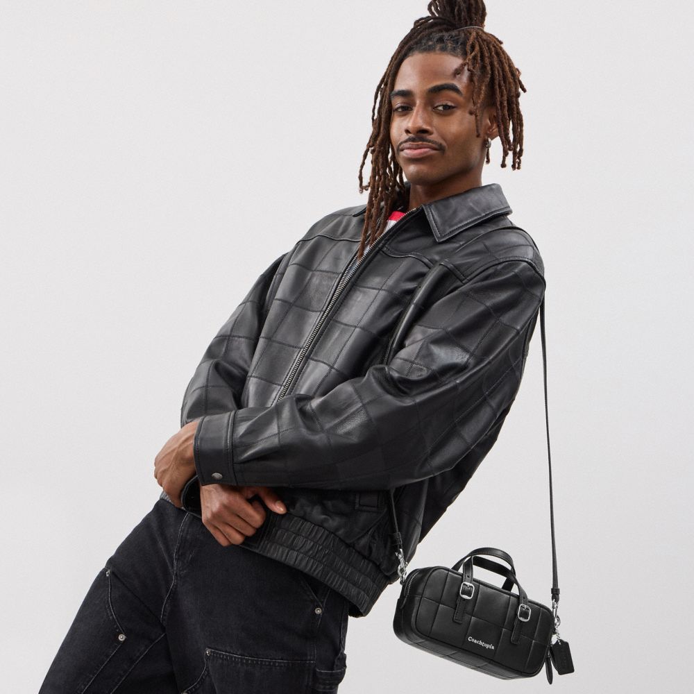 COACH®,Alter/Ego Mini Satchel Bag In Checkerboard Upcrafted Leather With Crossbody Strap,Leather,Crossbody,Logo,Word Embel...,Black,Detail View