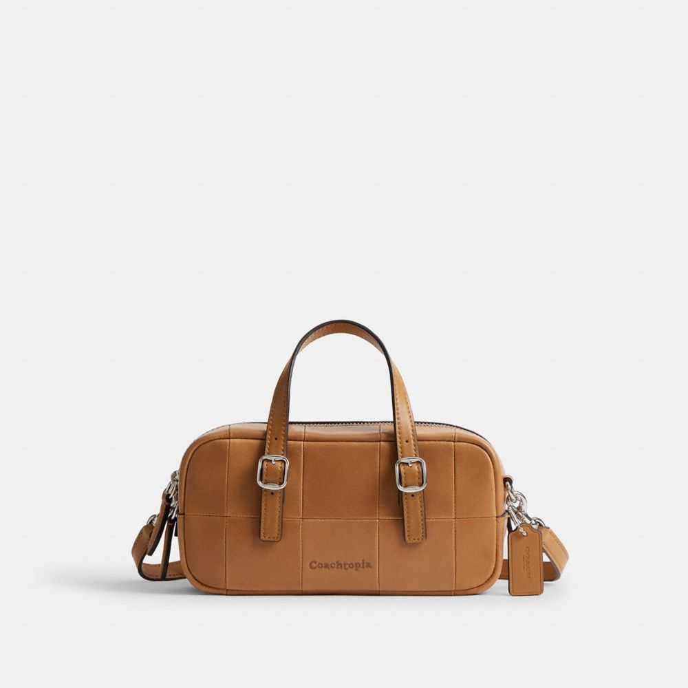 COACH®,Alter/Ego Mini Satchel Bag In Checkerboard Upcrafted Leather With Crossbody Strap,Leather,Crossbody,Logo,Word Embel...,Brown,Front View