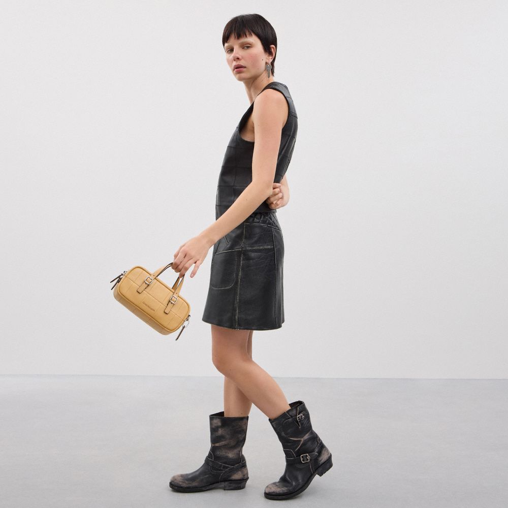 COACH®,Alter/Ego Mini Satchel Bag In Checkerboard Upcrafted Leather With Crossbody Strap,Leather,Crossbody,Logo,Word Embel...,Beige,Detail View