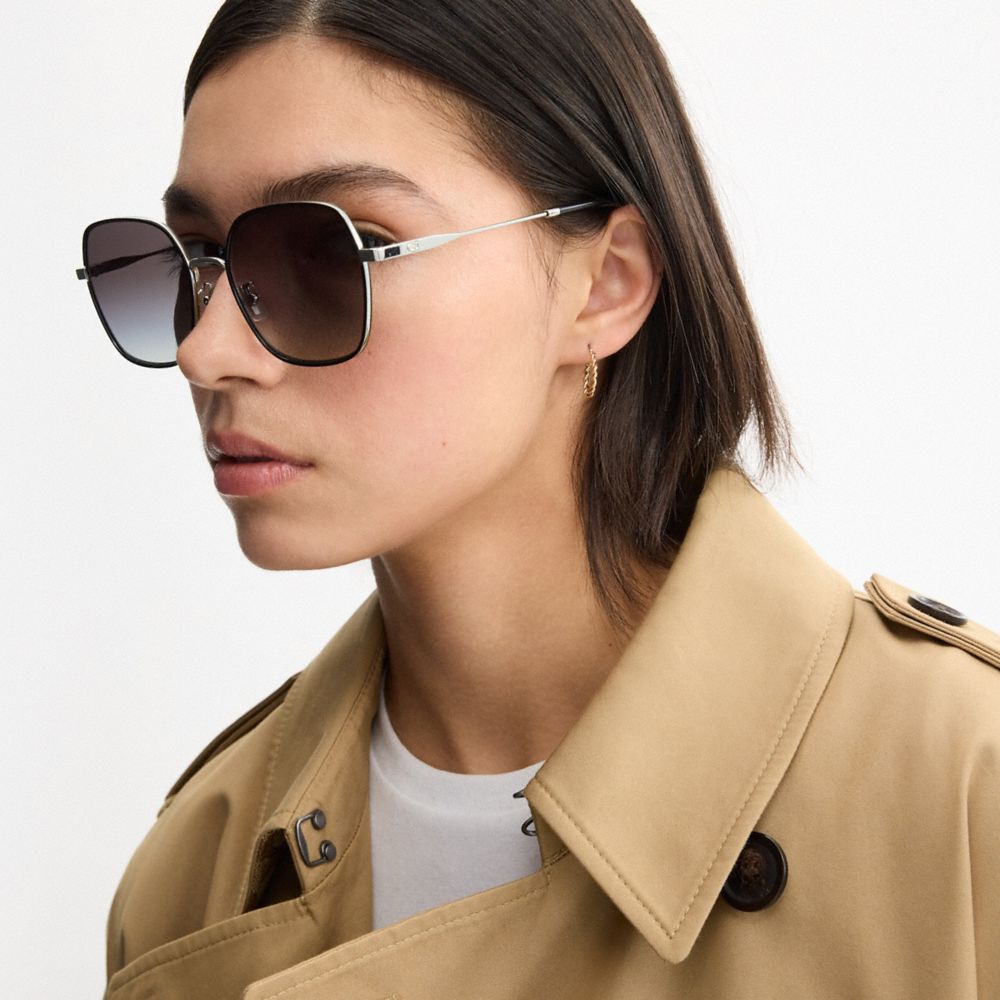 COACH®,Metal Thin Square Sunglasses,Square,Metal Material,Logo,Word Embellishment,Adjustable Nose Pads,Silver Metal,Casual,Gray,Angle View