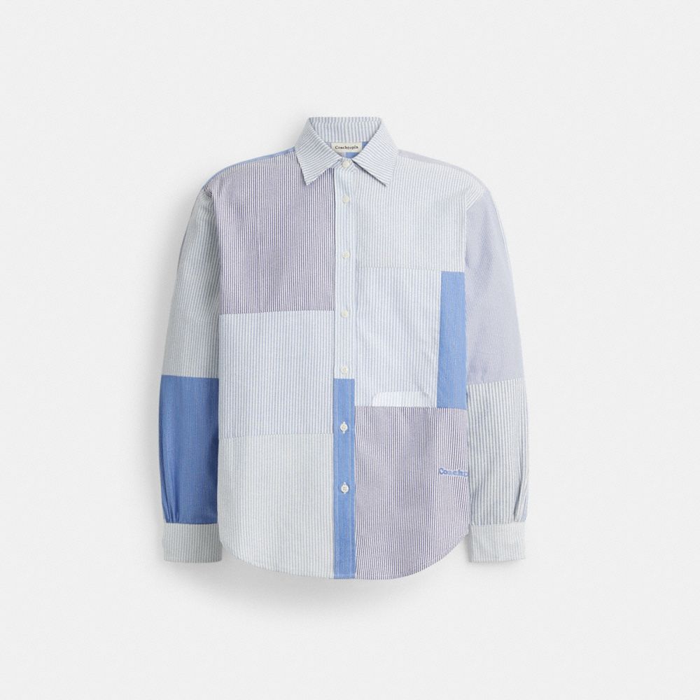 COACH®,Patchwork Striped Shirt,Cotton,Button Down,Logo,Patchwork,Color Block,Casual,Multi Color,Front View