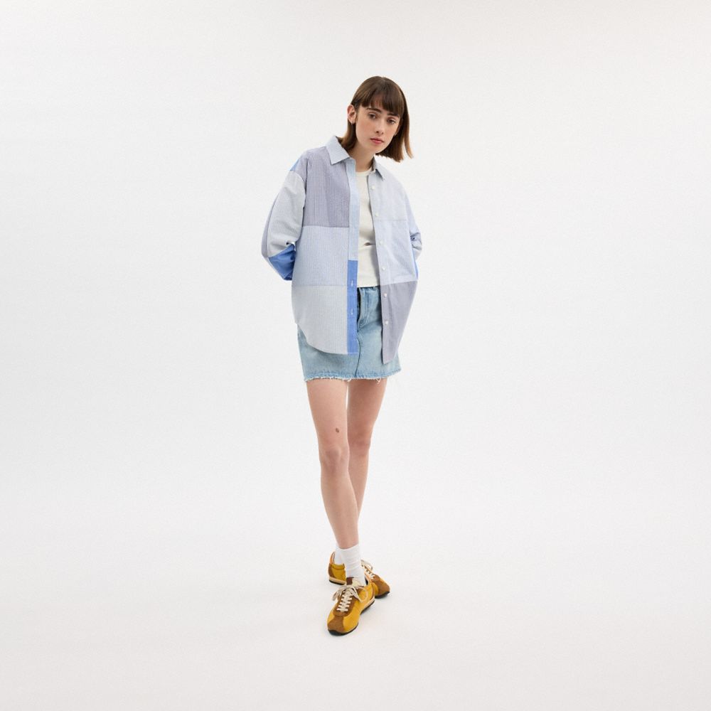 COACH®,Patchwork Striped Shirt,Cotton,Button Down,Logo,Patchwork,Color Block,Casual,Multi Color,Scale View