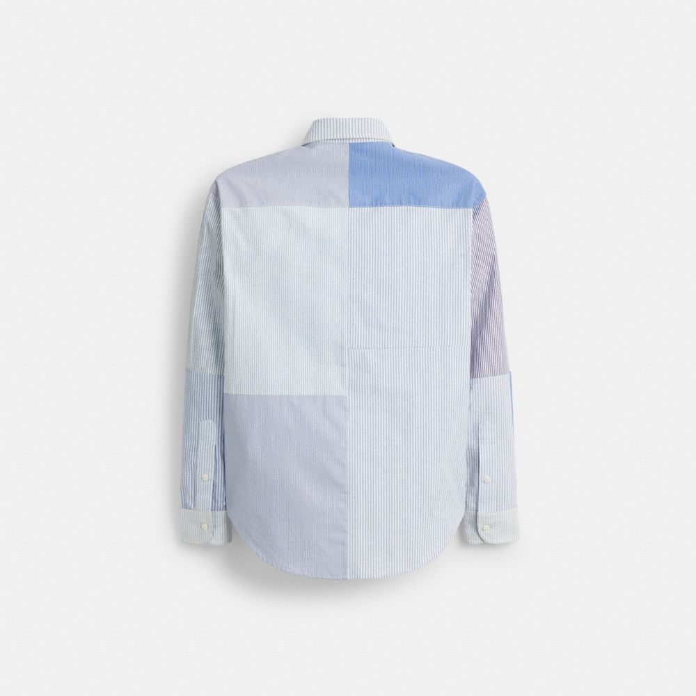 COACH®,Patchwork Striped Shirt,Cotton,Button Down,Logo,Patchwork,Color Block,Casual,Multi Color,Back View