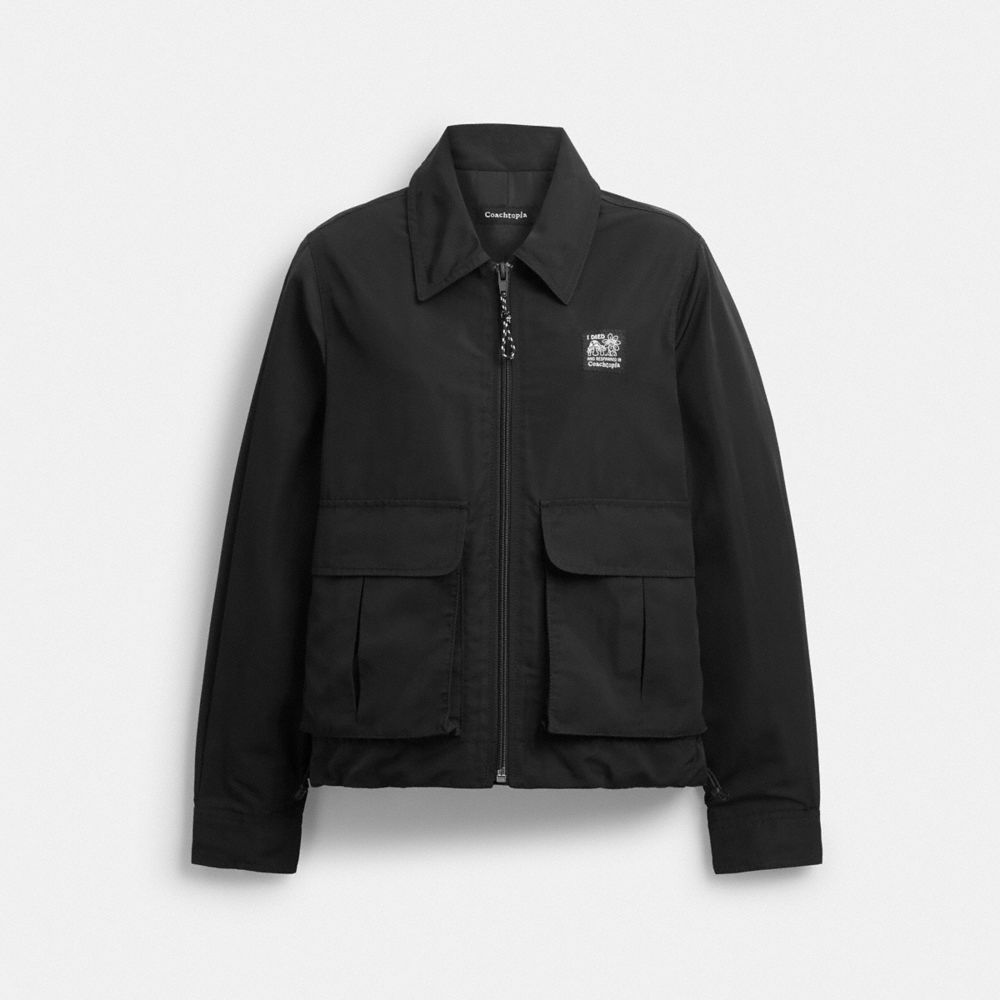 COACH®,Coachtopia Loop Cargo Cropped Jacket,Recycled Plastic,Jacket,Drawstring,Tag Embellishment,Logo,Casual,Black,Front View
