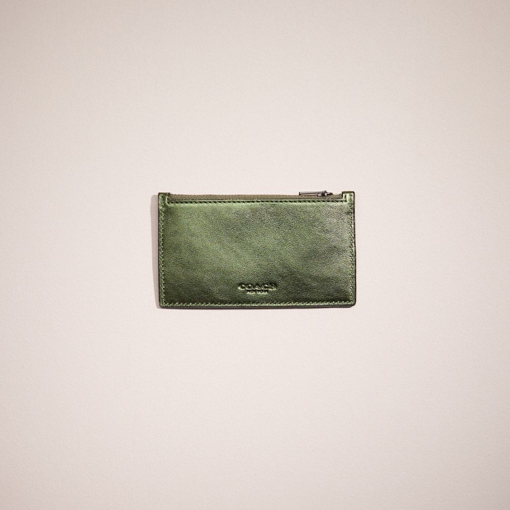 COACH®,Restored Zip Card Case,Pouch,Embossed,Logo,Casual,Metallic,Olive,Front View