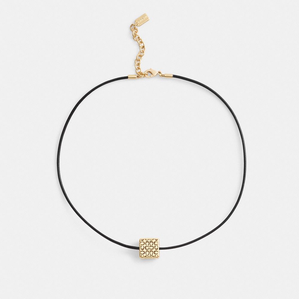 COACH®,Quilted Cube Leather Pendant Necklace,Leather,Single Strand,Cubic Zirconia,Logo,Casual,Black,Inside View,Top View