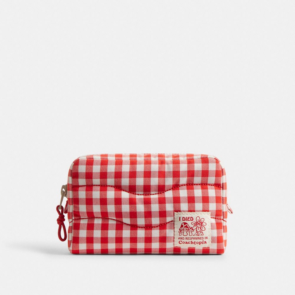COACH®,Coachtopia Loop Pouch In Recycled Polyester With Gingham Pattern,Recycled Polyester,Pouch,Tag Embellishment,Logo,Su...,Multi Color,Front View