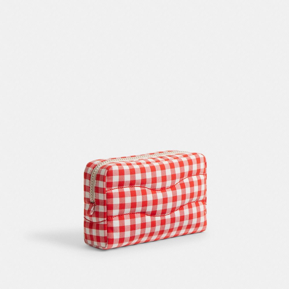 COACH®,Coachtopia Loop Pouch In Recycled Polyester With Gingham Pattern,Recycled Polyester,Pouch,Tag Embellishment,Logo,Su...,Multi Color,Angle View