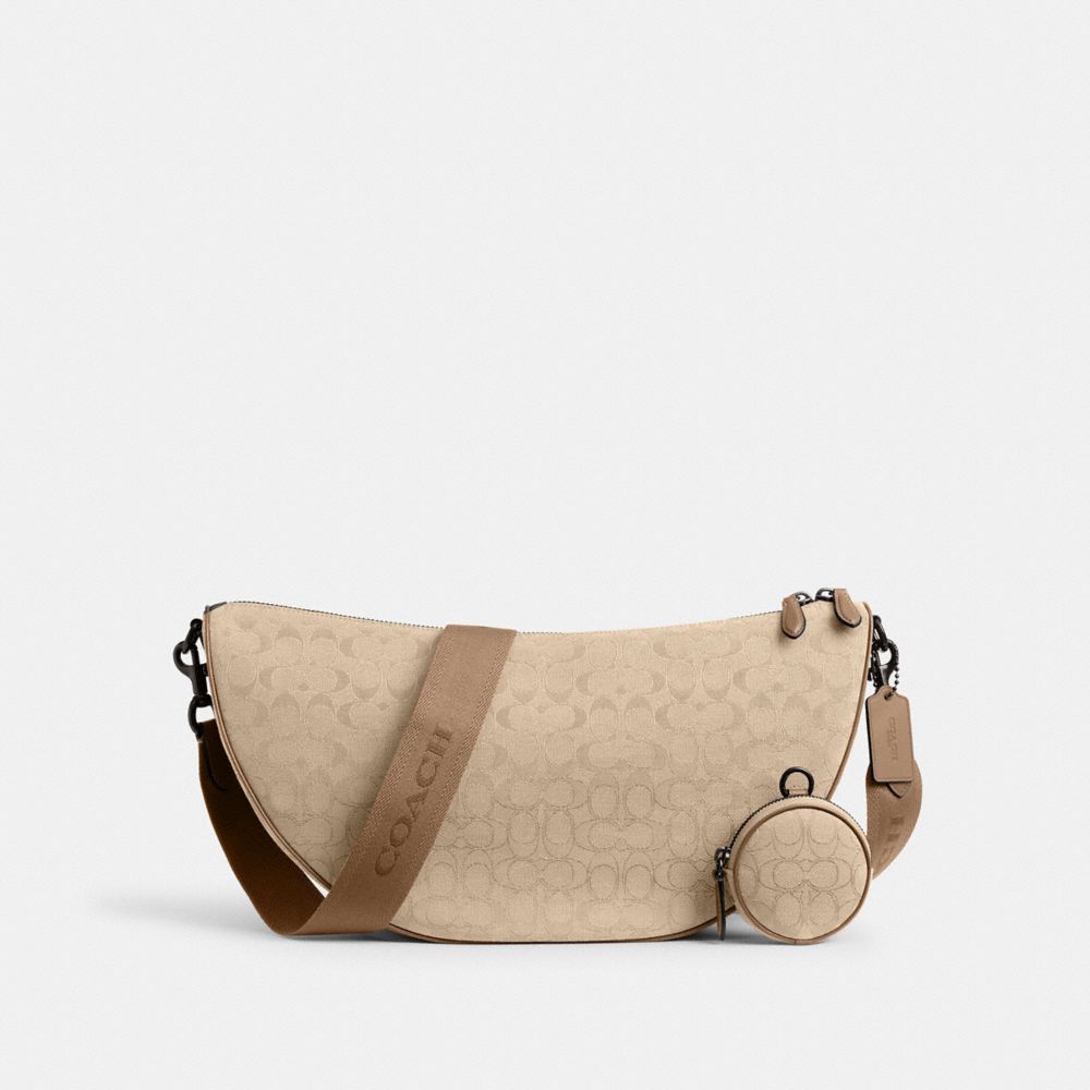 COACH®,Hall Soft Sling Bag 45 In Signature Jacquard,Recycled Polyester,Crossbody,Sustainable,Casual,Beige,Front View