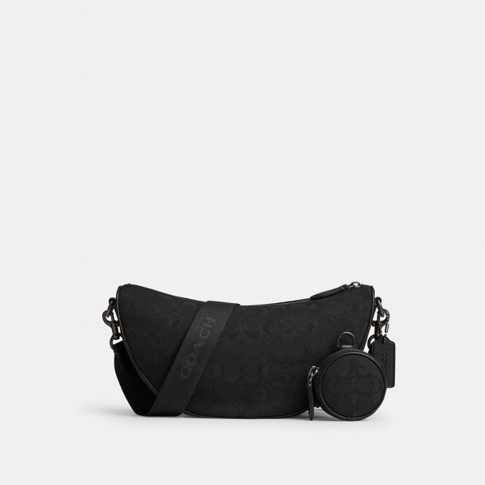 COACH®,Hall Soft Sling Bag In Signature Jacquard,Leather,Lining Canvas,Fabric,Calfskin Leather,Crossbody,Logo,Removable Po...,Black,Front View