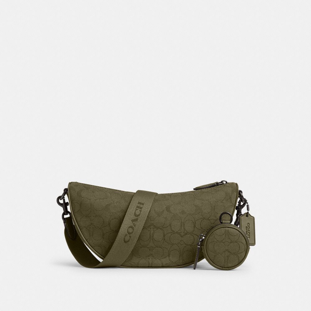 COACH®,Hall Soft Sling Bag In Signature Jacquard,Leather,Lining Canvas,Fabric,Calfskin Leather,Crossbody,Logo,Removable Po...,Olive,Front View