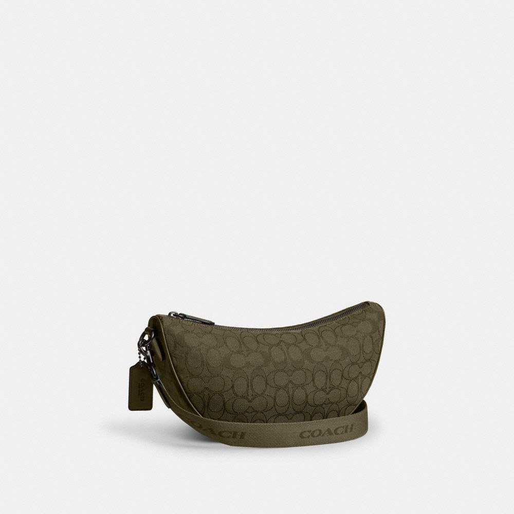 COACH®,Hall Soft Sling Bag In Signature Jacquard,Leather,Lining Canvas,Fabric,Calfskin Leather,Crossbody,Logo,Removable Po...,Olive,Angle View